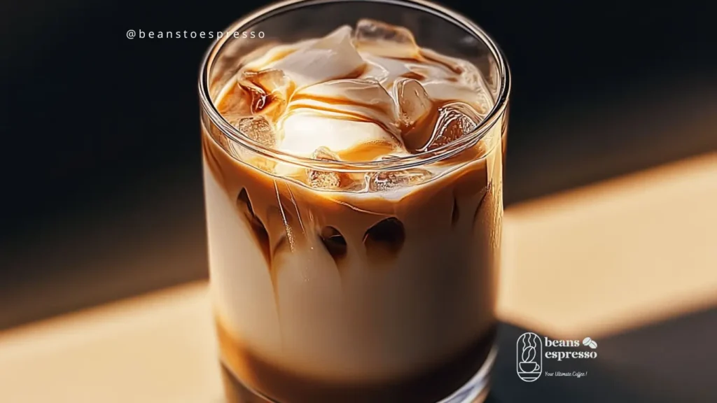 Perfect Iced Coffee. A glass of iced coffee with a straw and ice cubes, surrounded by coffee beans and a brewing setup, showcasing a homemade iced coffee.