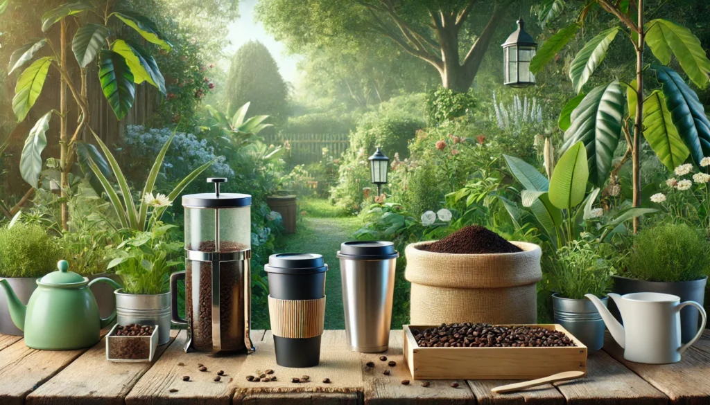 A compost bin filled with used coffee grounds alongside a reusable coffee cup, highlighting sustainable practices to reduce coffee waste and promote eco-friendliness.